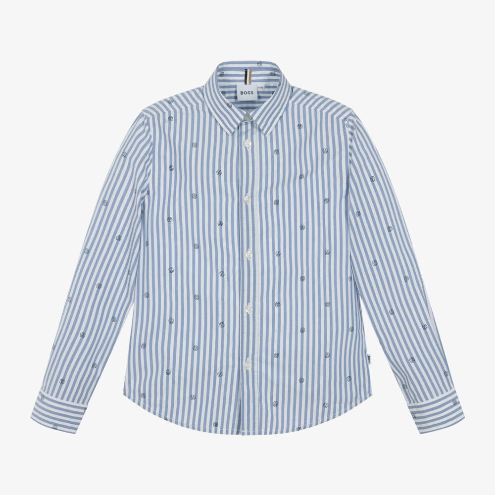 BOSS-Boys Long-Sleeve Blue Cotton Shirt | Childrensalon Outlet