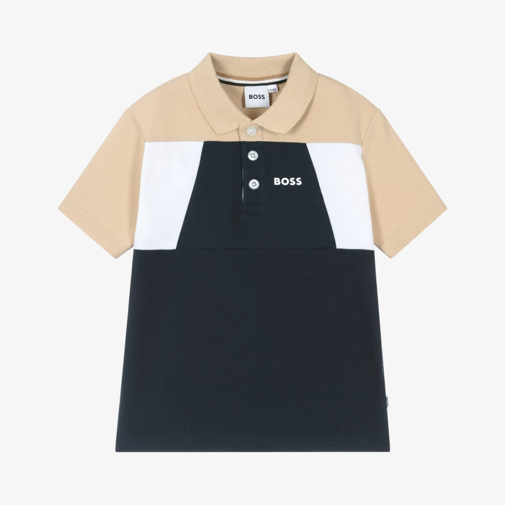 BOSS-Boys Navy & Beige Knitted Polo | Childrensalon Outlet