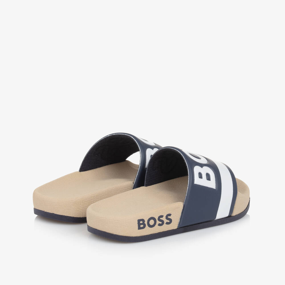 BOSS-Boys Navy & Beige Slide Sandals | Childrensalon Outlet