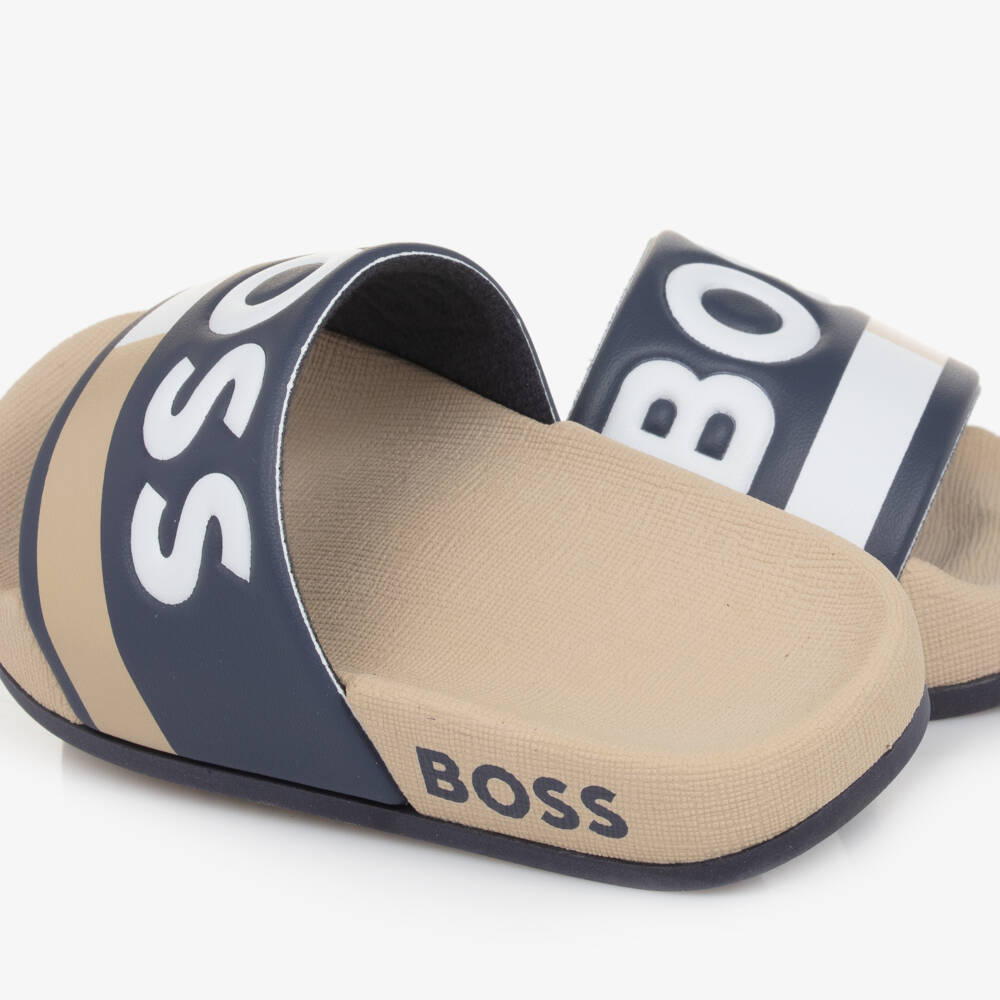 BOSS-Boys Navy & Beige Slide Sandals | Childrensalon Outlet