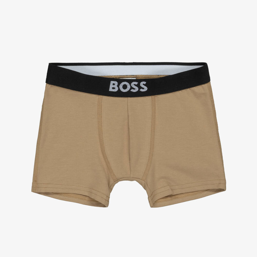 BOSS-Boys Navy Blue & Beige Cotton Jersey Boxers (2 Pack) | Childrensalon Outlet
