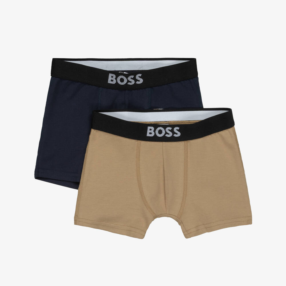 BOSS-Boys Navy Blue & Beige Cotton Jersey Boxers (2 Pack) | Childrensalon Outlet