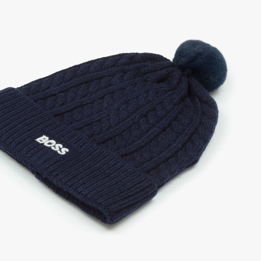 BOSS-Boys Navy Blue Cable Knit Pom-Pom Hat | Childrensalon Outlet