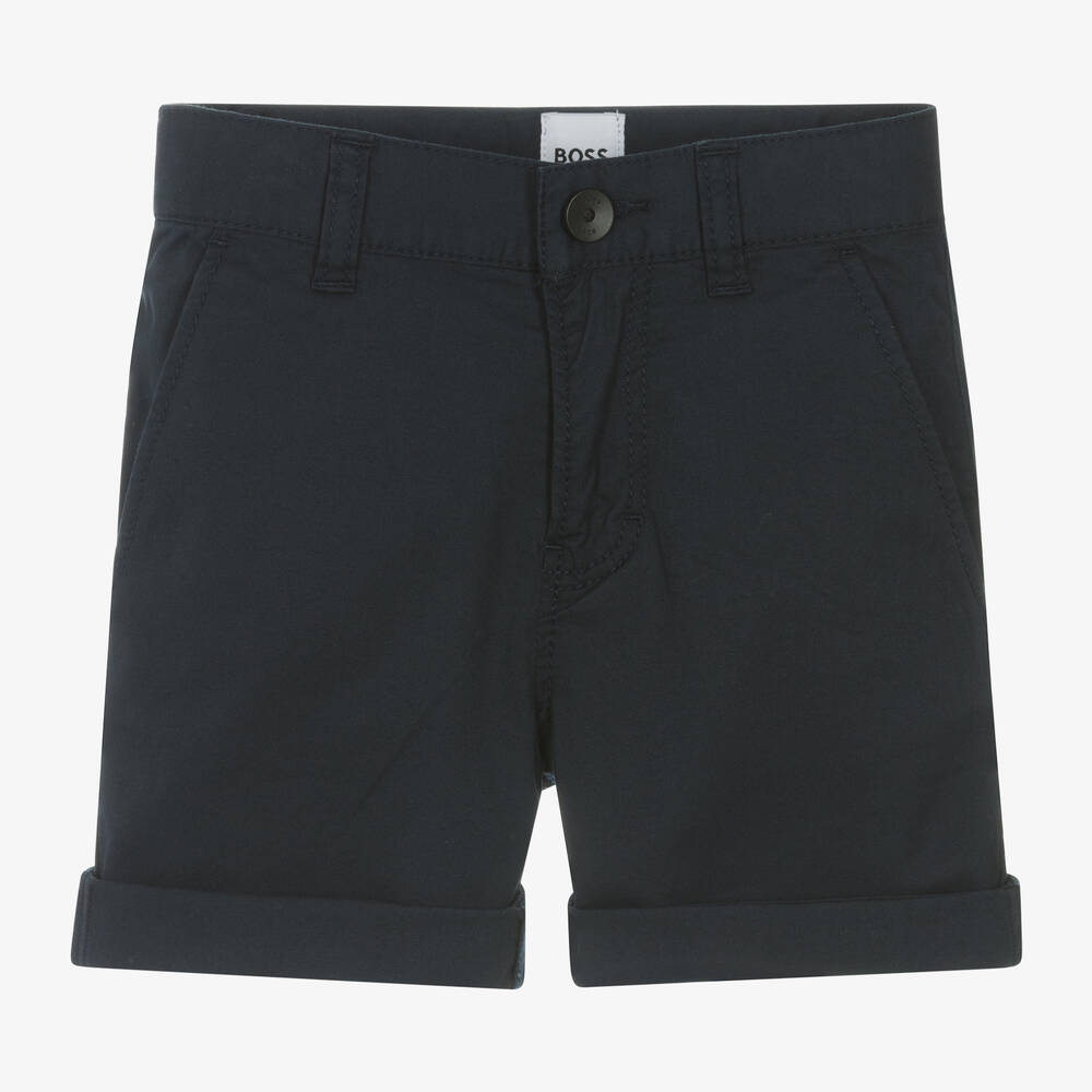 BOSS-Boys Navy Blue Cotton Chino Shorts | Childrensalon Outlet