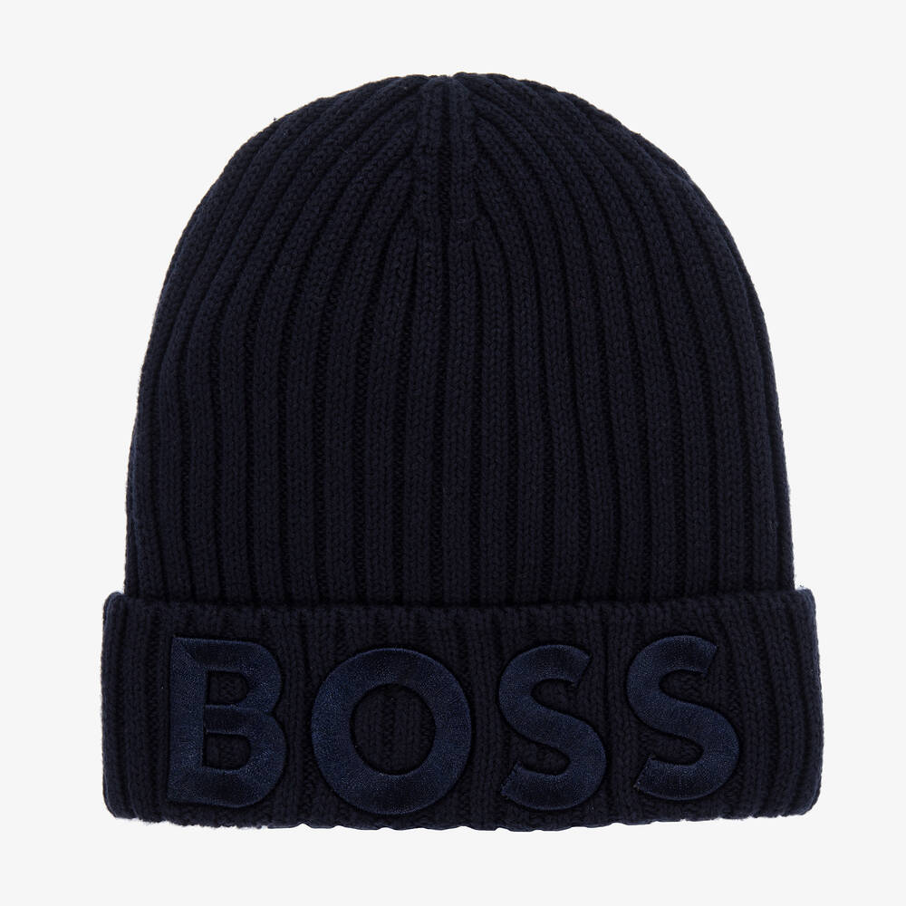 BOSS - Boys Navy Blue Cotton Knit Beanie Hat | Childrensalon