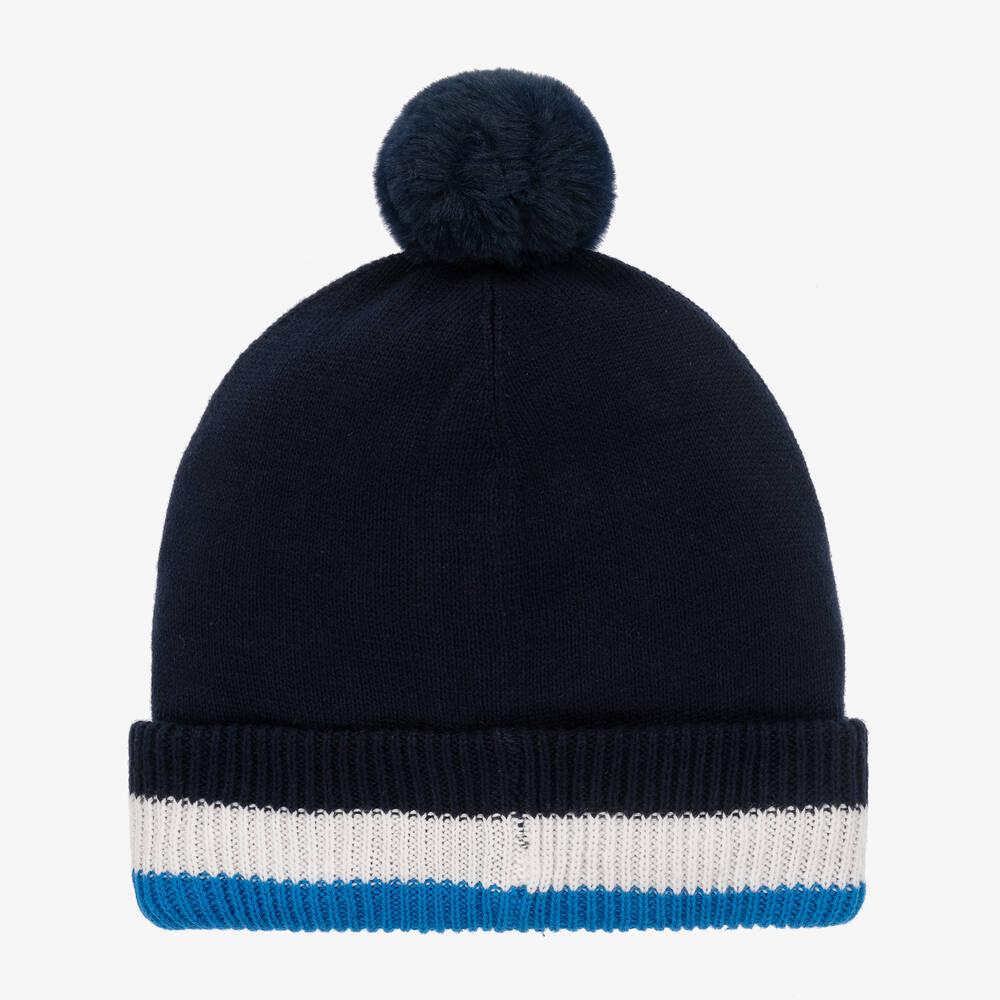 BOSS Boys Navy Blue Cotton Knit Bobble Hat