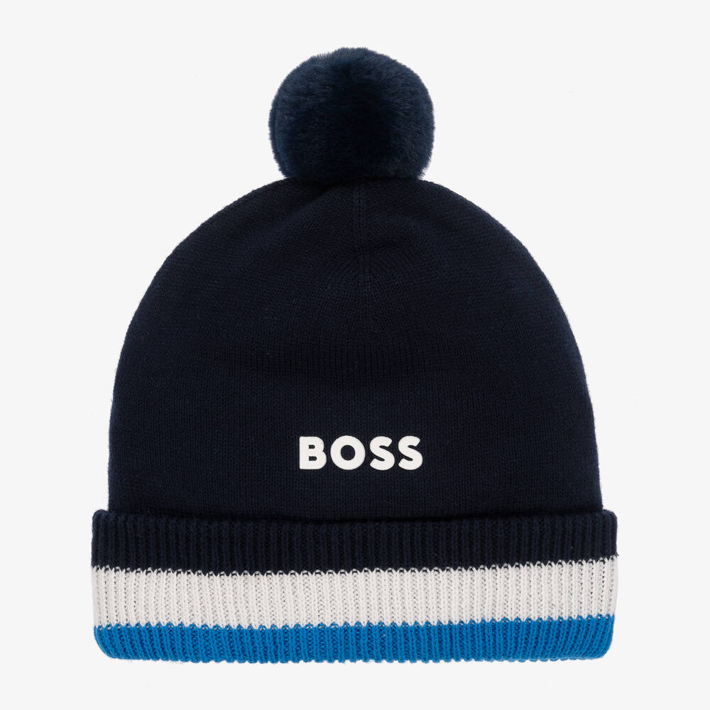 BOSS-Boys Navy Blue Cotton Knit Bobble Hat | Childrensalon Outlet