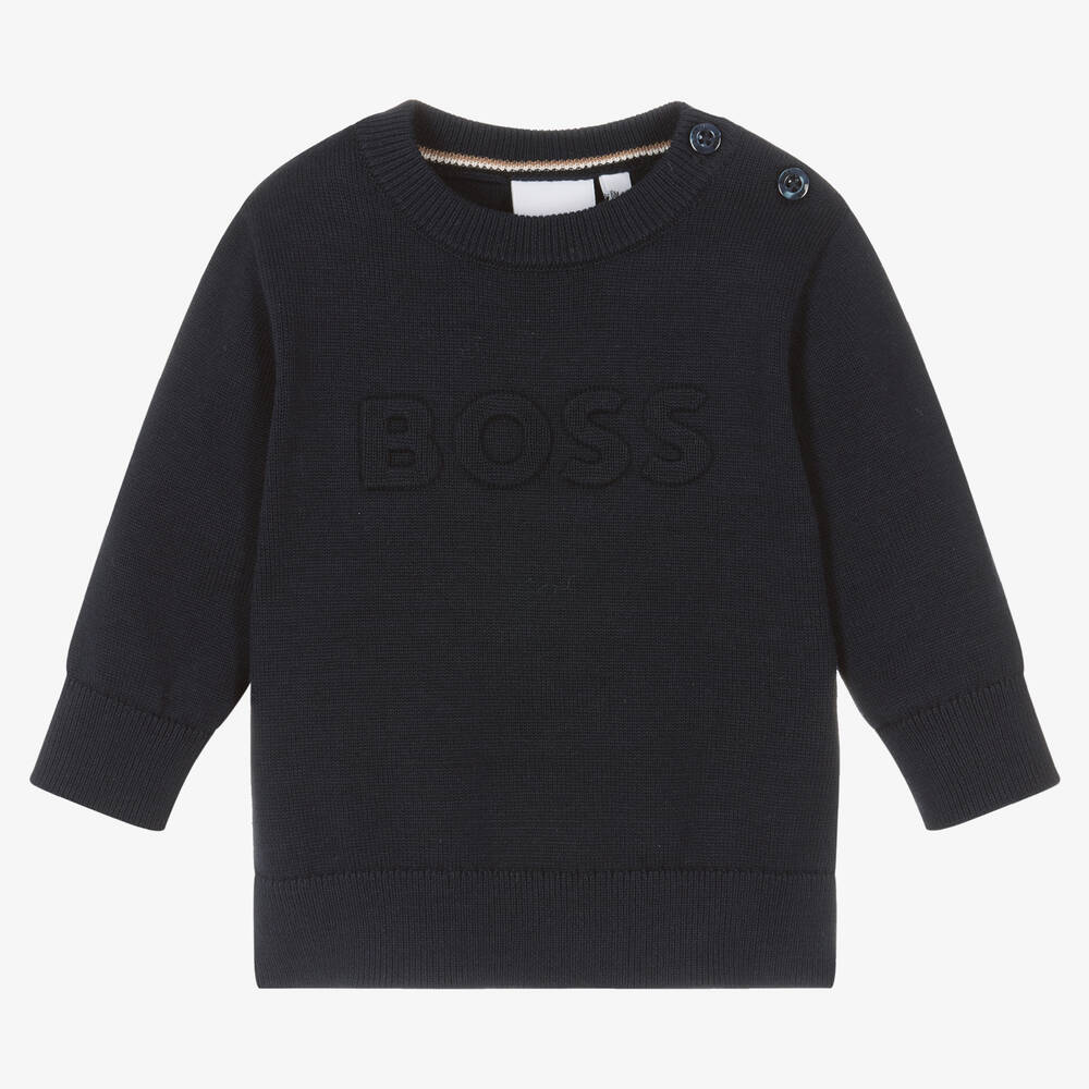 BOSS - Pull bleu marine en maille de coton | Childrensalon