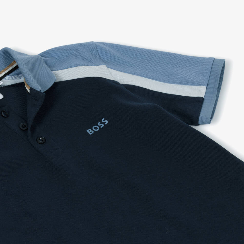 BOSS-Boys Navy Blue Cotton Logo Polo Shirt with Colourblock Shoulders | Childrensalon Outlet