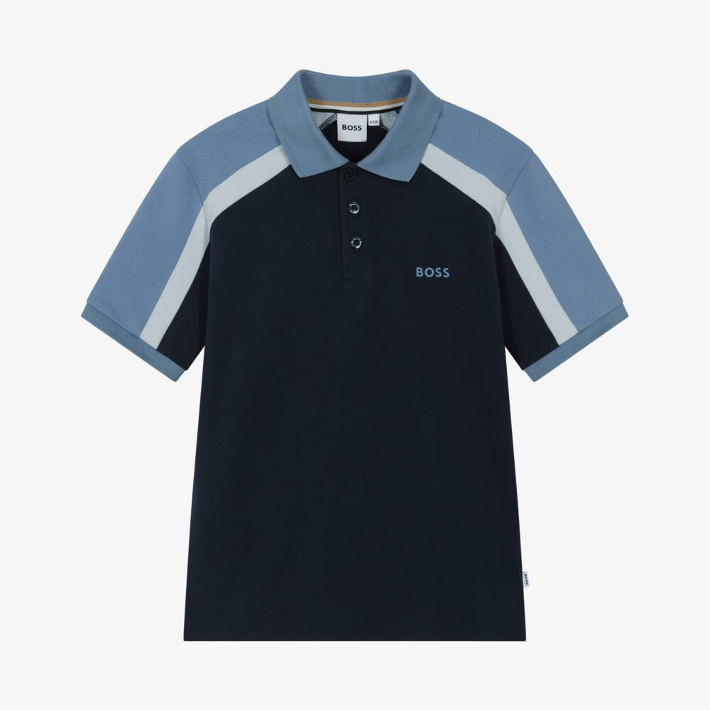 BOSS-Boys Navy Blue Cotton Logo Polo Shirt with Colourblock Shoulders | Childrensalon Outlet