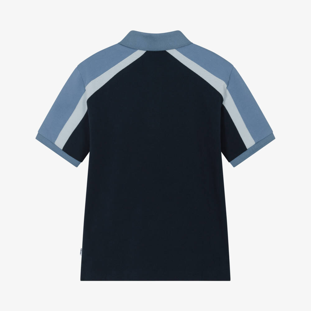 BOSS-Boys Navy Blue Cotton Logo Polo Shirt with Colourblock Shoulders | Childrensalon Outlet