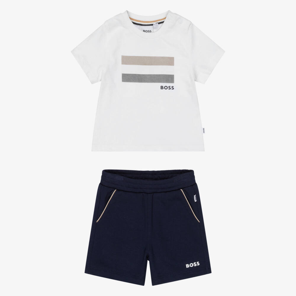 BOSS-Boys Navy Blue Cotton Shorts Set with Signature Stripes | Childrensalon Outlet