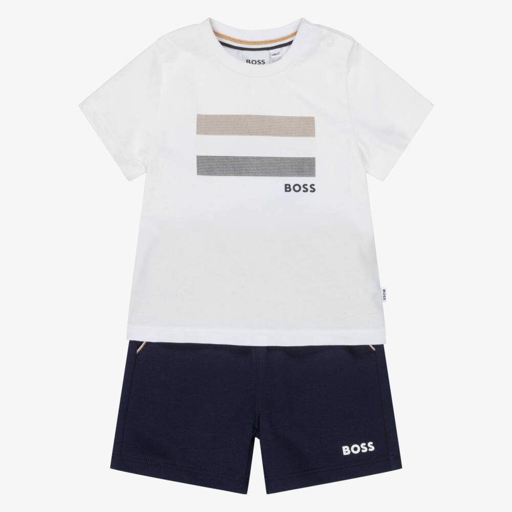 BOSS-Boys Navy Blue Cotton Shorts Set with Signature Stripes | Childrensalon Outlet