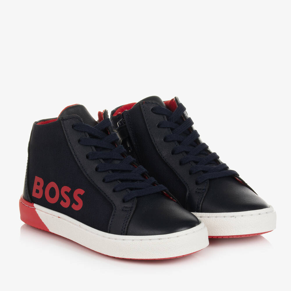 BOSS - Boys Navy Blue High-Top Trainers | Childrensalon