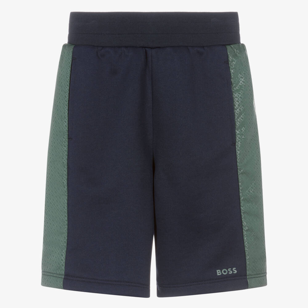 BOSS-Boys Navy Blue Jersey Shorts with Green Monogram Logo Side Stripes | Childrensalon Outlet
