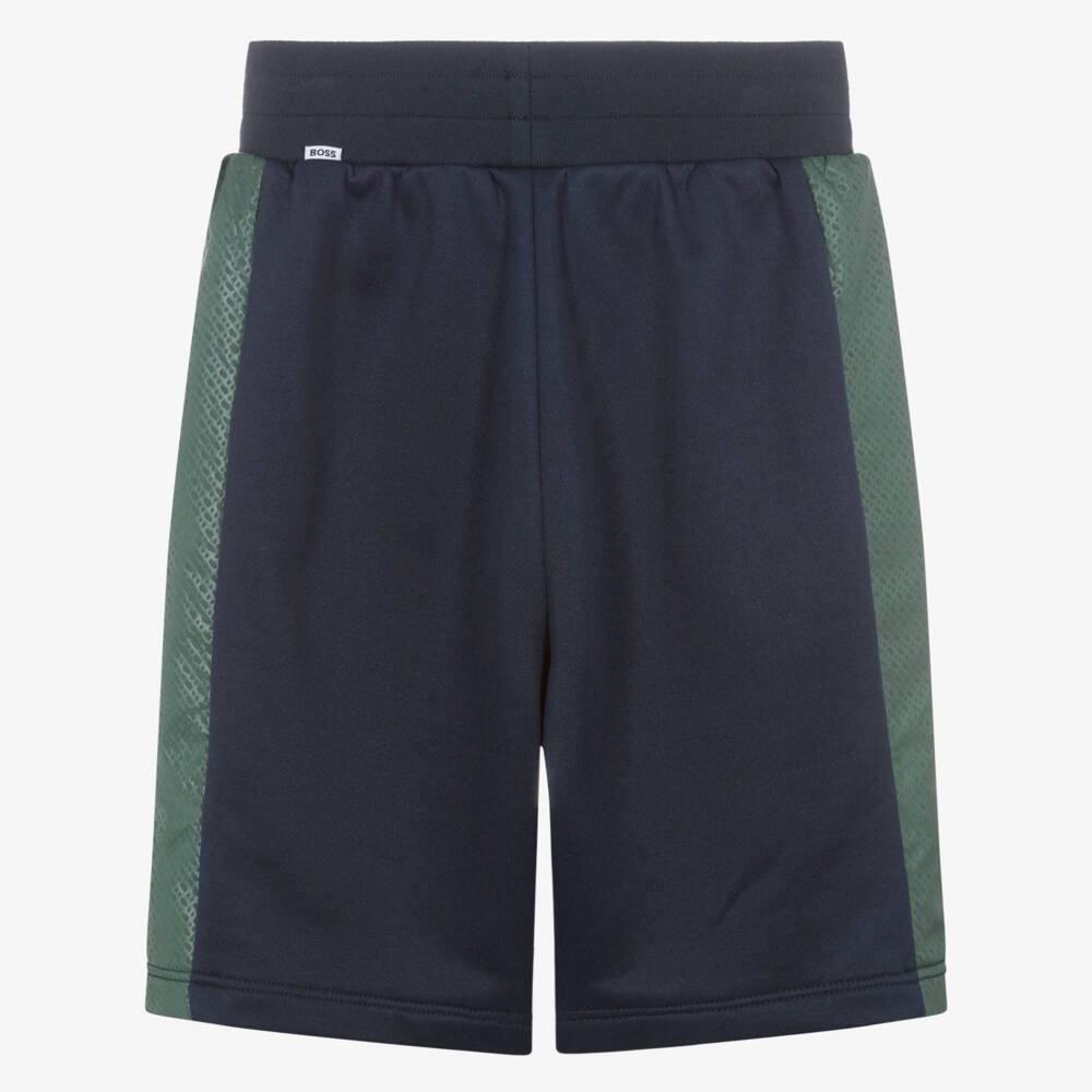 BOSS-Boys Navy Blue Jersey Shorts with Green Monogram Logo Side Stripes | Childrensalon Outlet