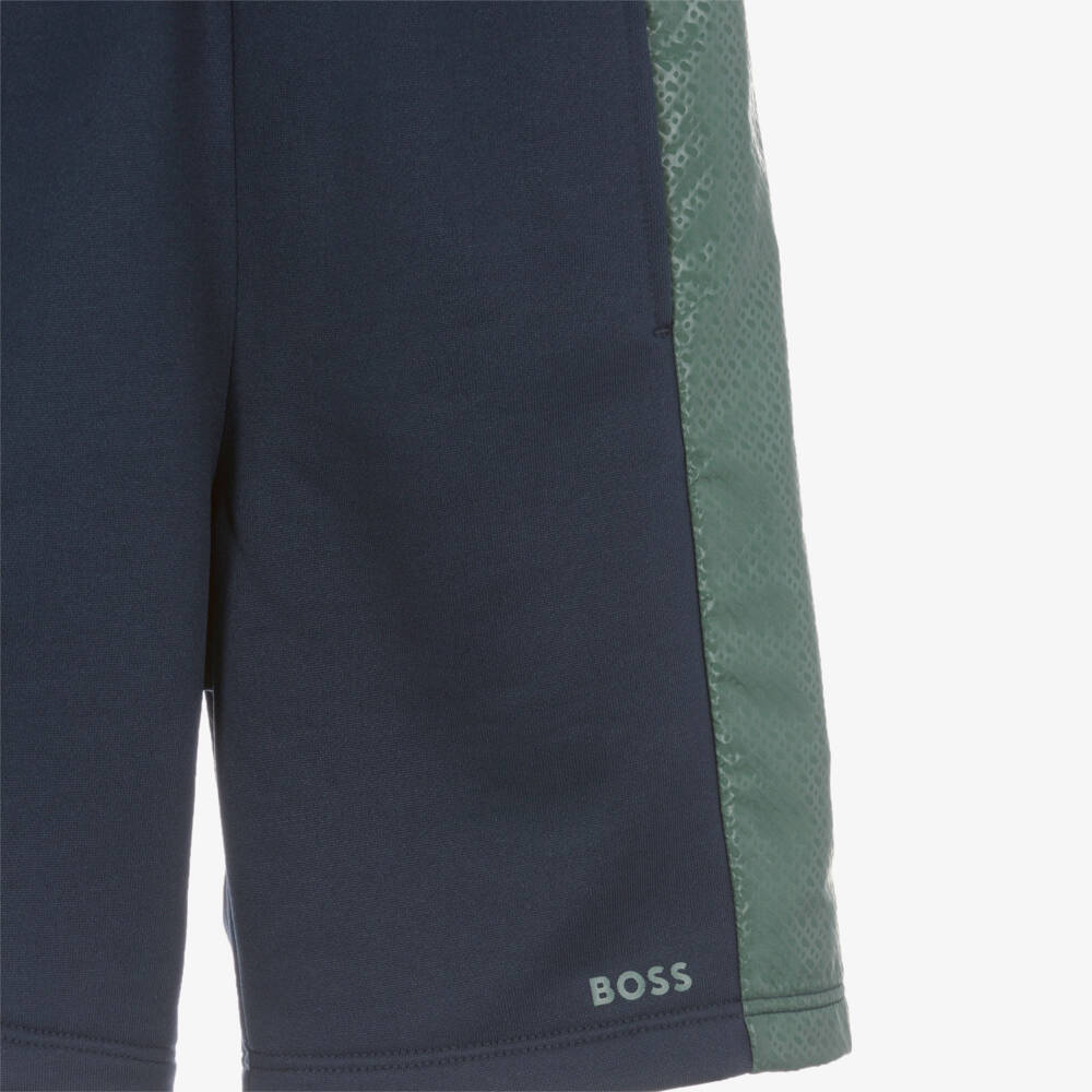 BOSS-Boys Navy Blue Jersey Shorts with Green Monogram Logo Side Stripes | Childrensalon Outlet
