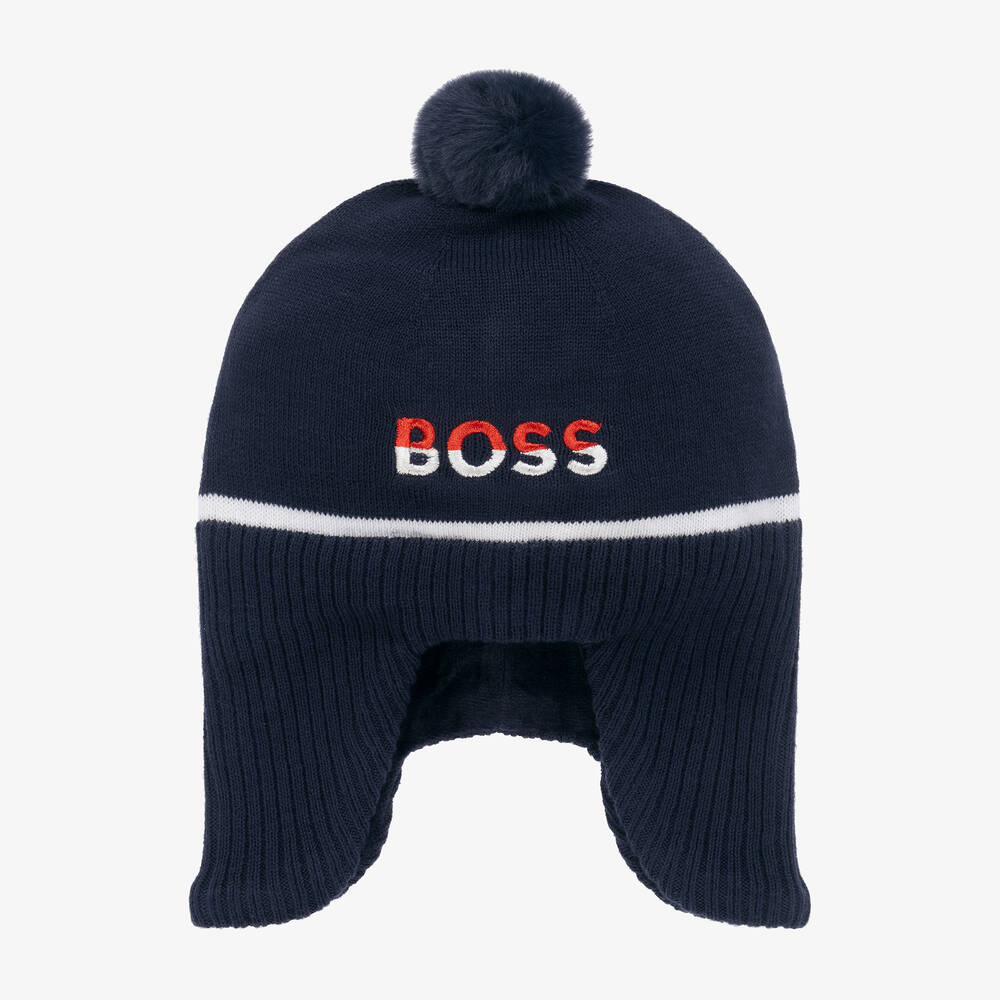 BOSS - قبعة بوم-بوم قطن محبوك لون كحلي أطفال ولادي | Childrensalon