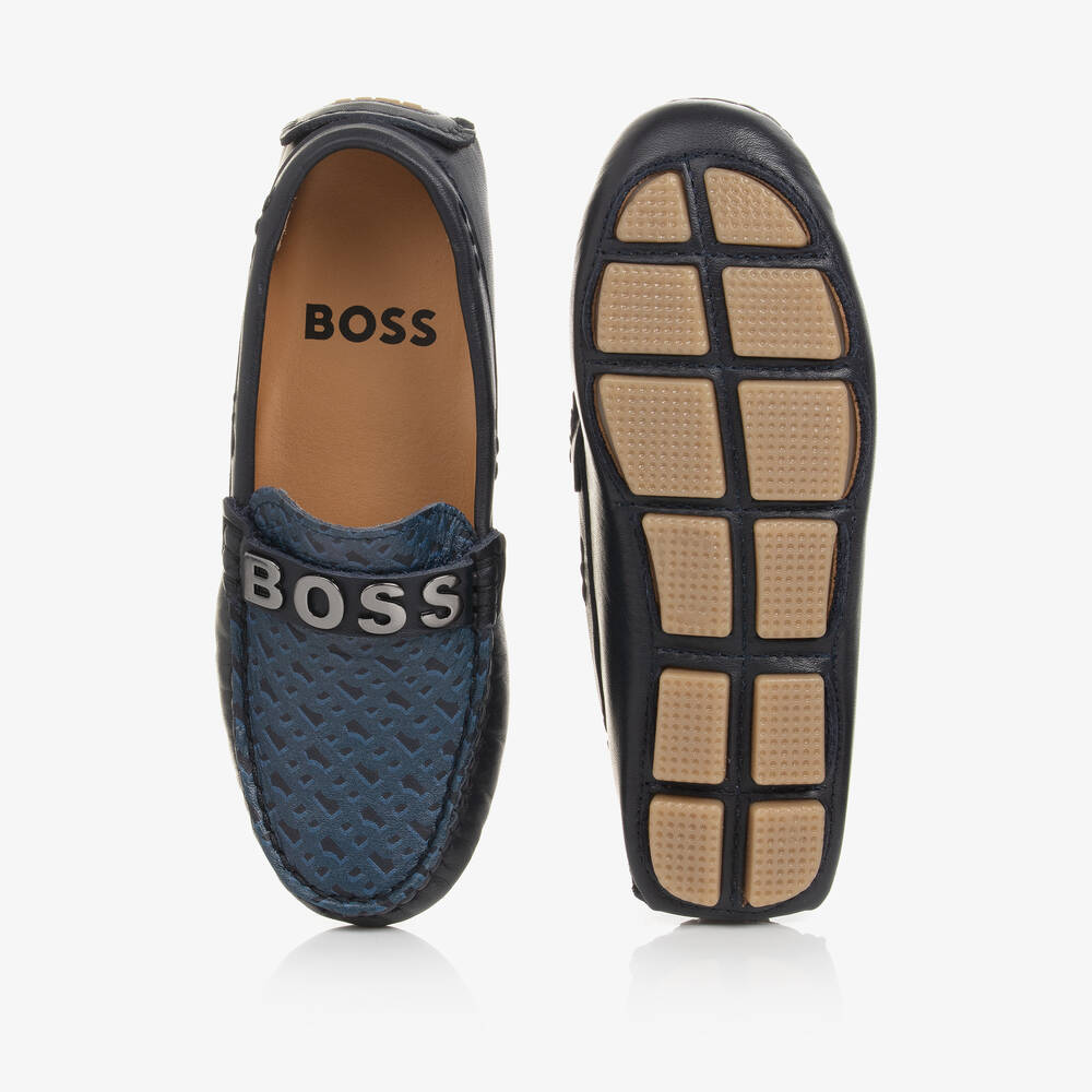 BOSS-Boys Navy Blue Leather Moccasins | Childrensalon Outlet