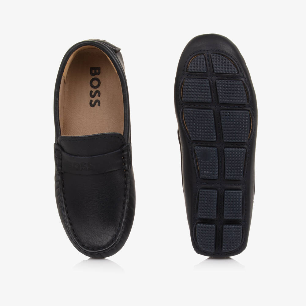 BOSS-Boys Navy Blue Leather Moccasins with Logo Strap | Childrensalon Outlet