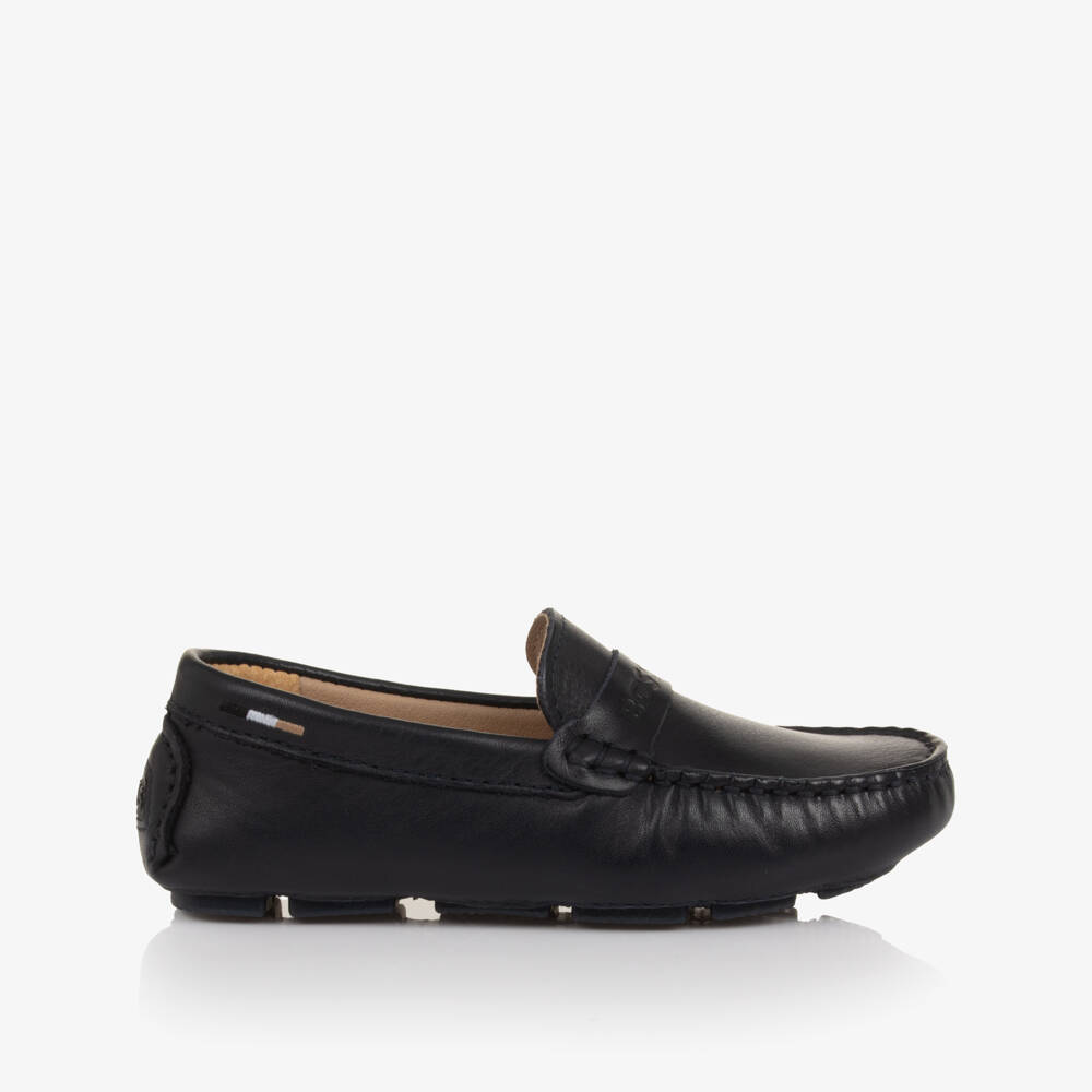 BOSS-Boys Navy Blue Leather Moccasins with Logo Strap | Childrensalon Outlet