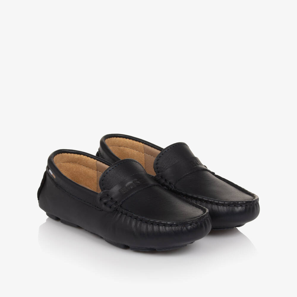BOSS-Boys Navy Blue Leather Moccasins with Logo Strap | Childrensalon Outlet