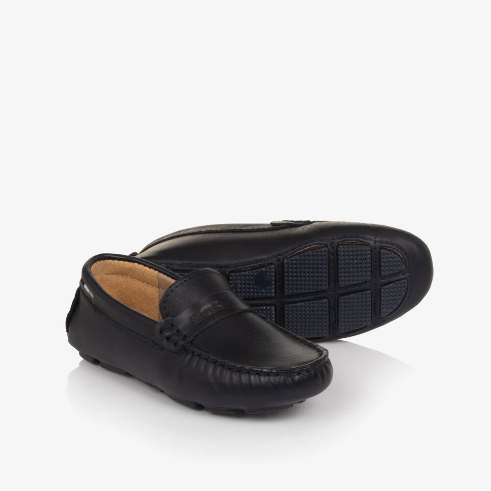 BOSS-Boys Navy Blue Leather Moccasins with Logo Strap | Childrensalon Outlet