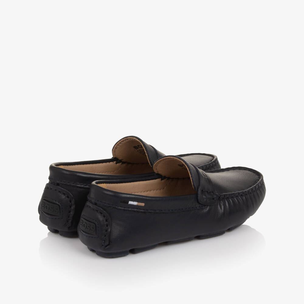 BOSS-Boys Navy Blue Leather Moccasins with Logo Strap | Childrensalon Outlet