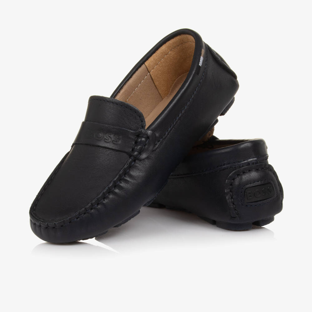 BOSS-Boys Navy Blue Leather Moccasins with Logo Strap | Childrensalon Outlet