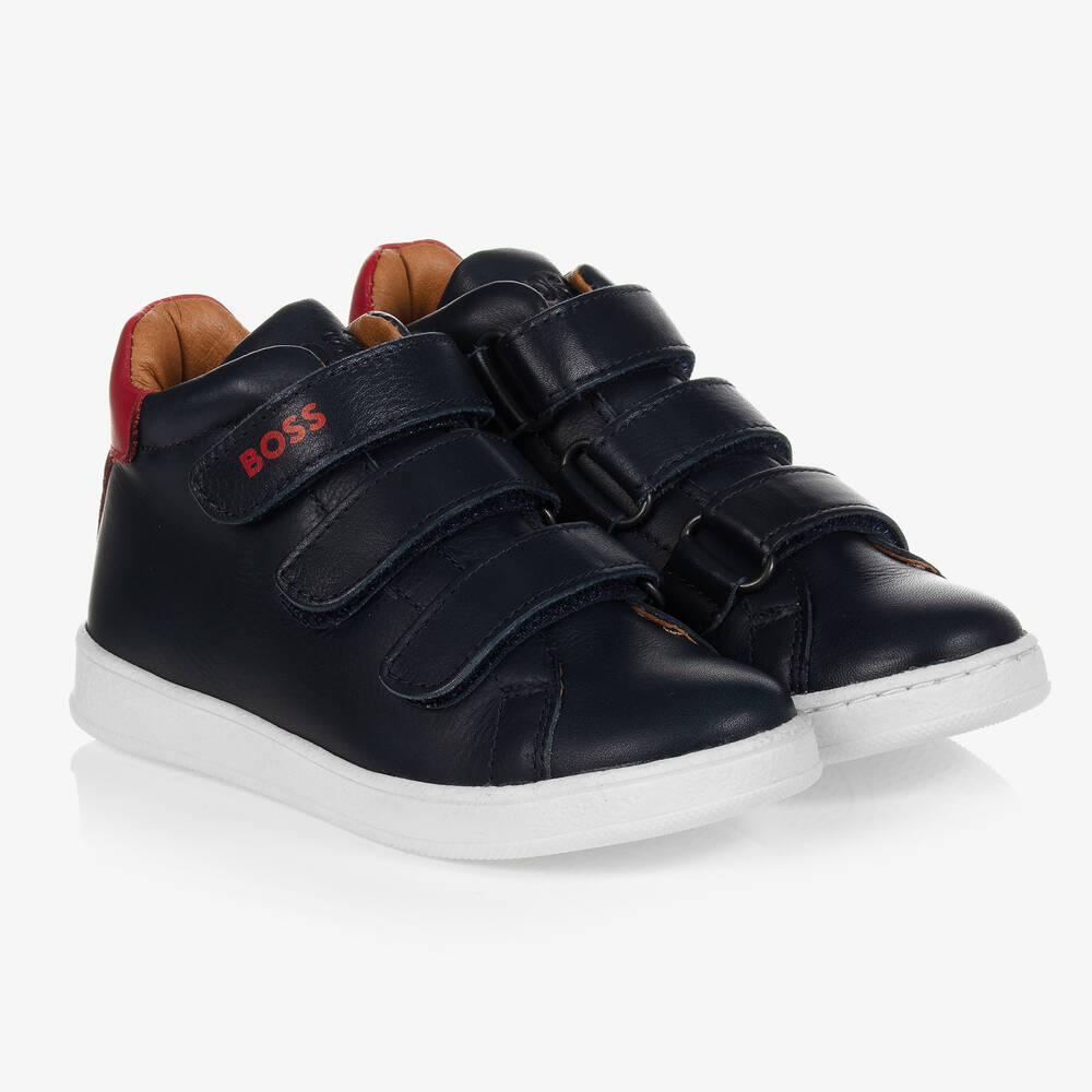 BOSS - Boys Navy Blue Leather Trainers | Childrensalon