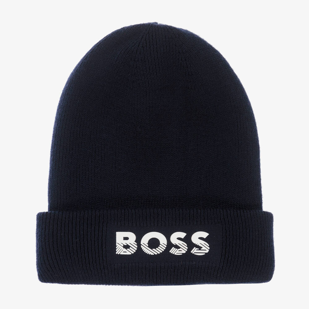 BOSS - Boys Navy Blue Logo Beanie Hat | Childrensalon
