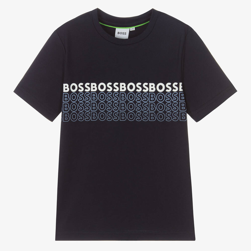 BOSS - Boys Navy Blue Logo T-Shirt | Childrensalon
