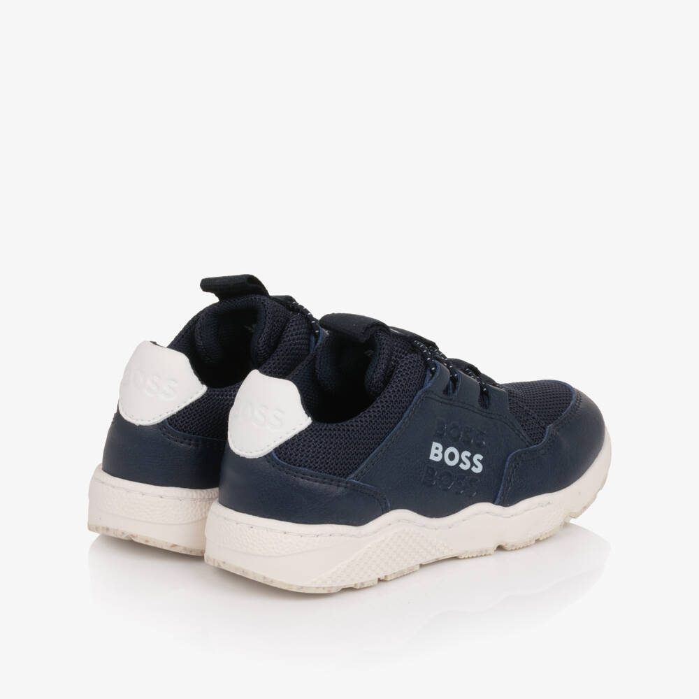 BOSS-Boys Navy Blue Mesh & Faux Leather Slip-On Trainers | Childrensalon Outlet