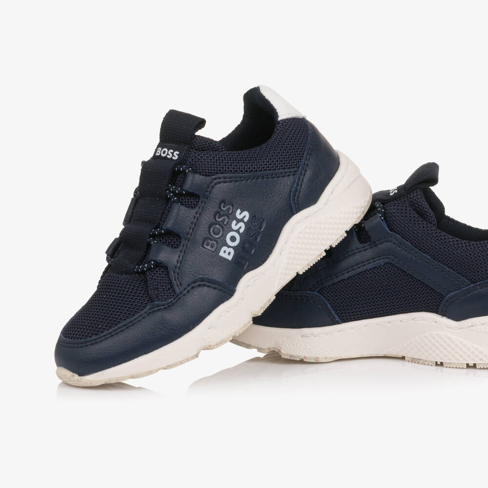 BOSS-Boys Navy Blue Mesh & Faux Leather Slip-On Trainers | Childrensalon Outlet