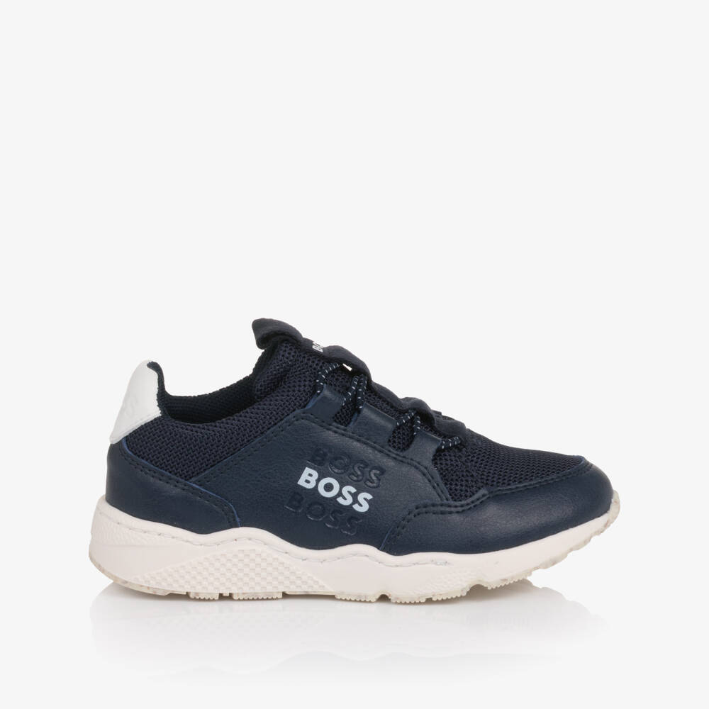 BOSS-Boys Navy Blue Mesh & Faux Leather Slip-On Trainers | Childrensalon Outlet