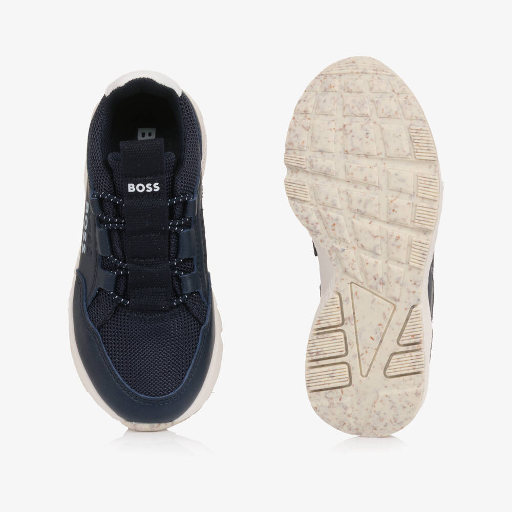 BOSS-Boys Navy Blue Mesh & Faux Leather Slip-On Trainers | Childrensalon Outlet