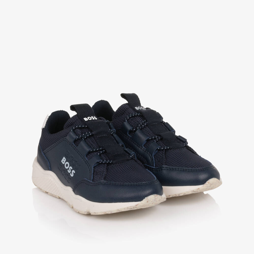 BOSS-Boys Navy Blue Mesh & Faux Leather Slip-On Trainers | Childrensalon Outlet