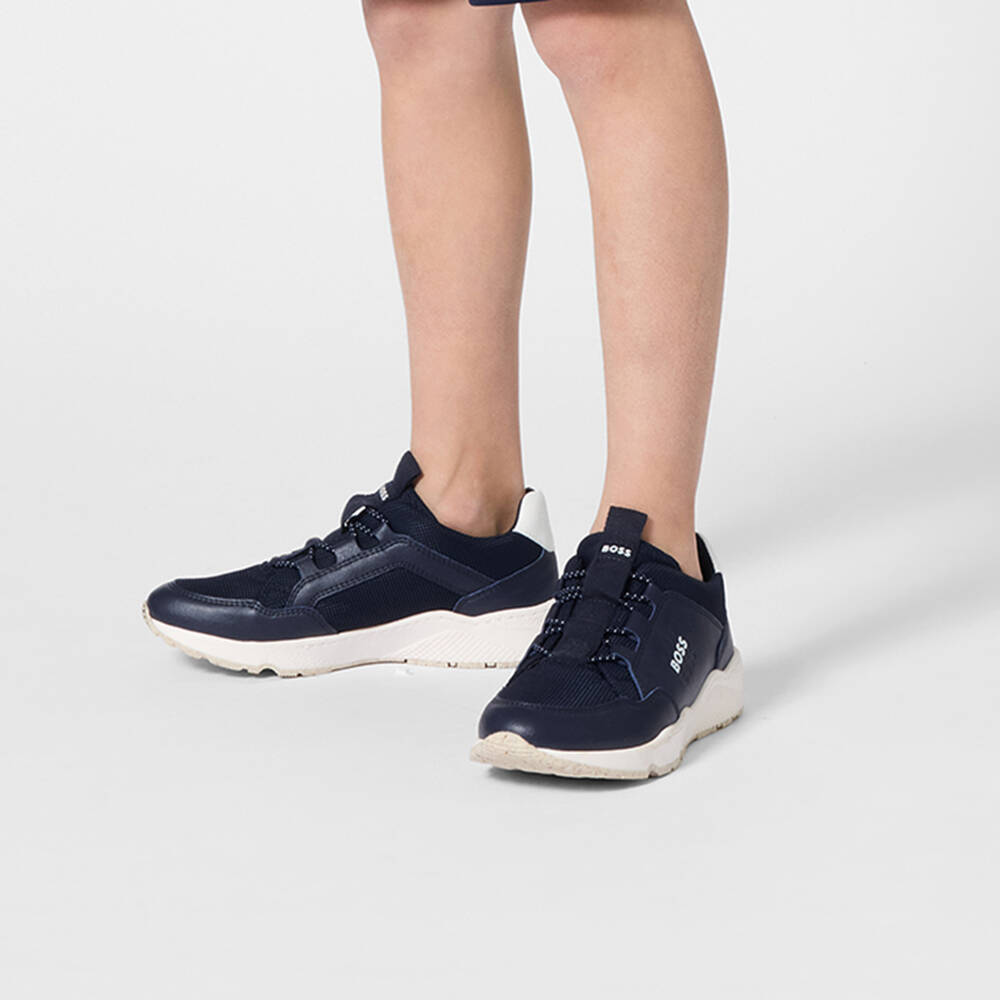 BOSS-Boys Navy Blue Mesh & Faux Leather Slip-On Trainers | Childrensalon Outlet