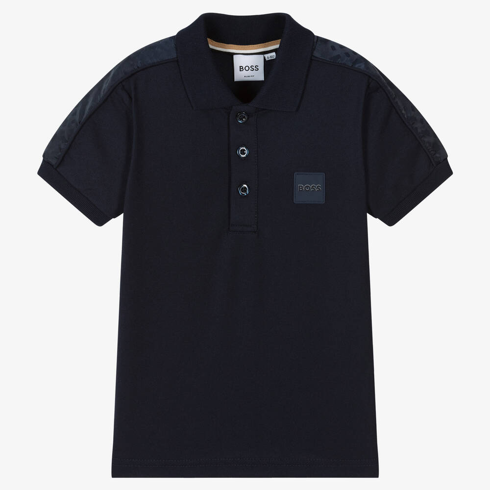 BOSS - Boys Navy Blue Monogram Polo Shirt | Childrensalon