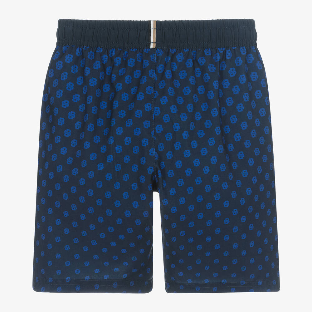 BOSS-Boys Navy Blue Monogram Swim Shorts | Childrensalon Outlet