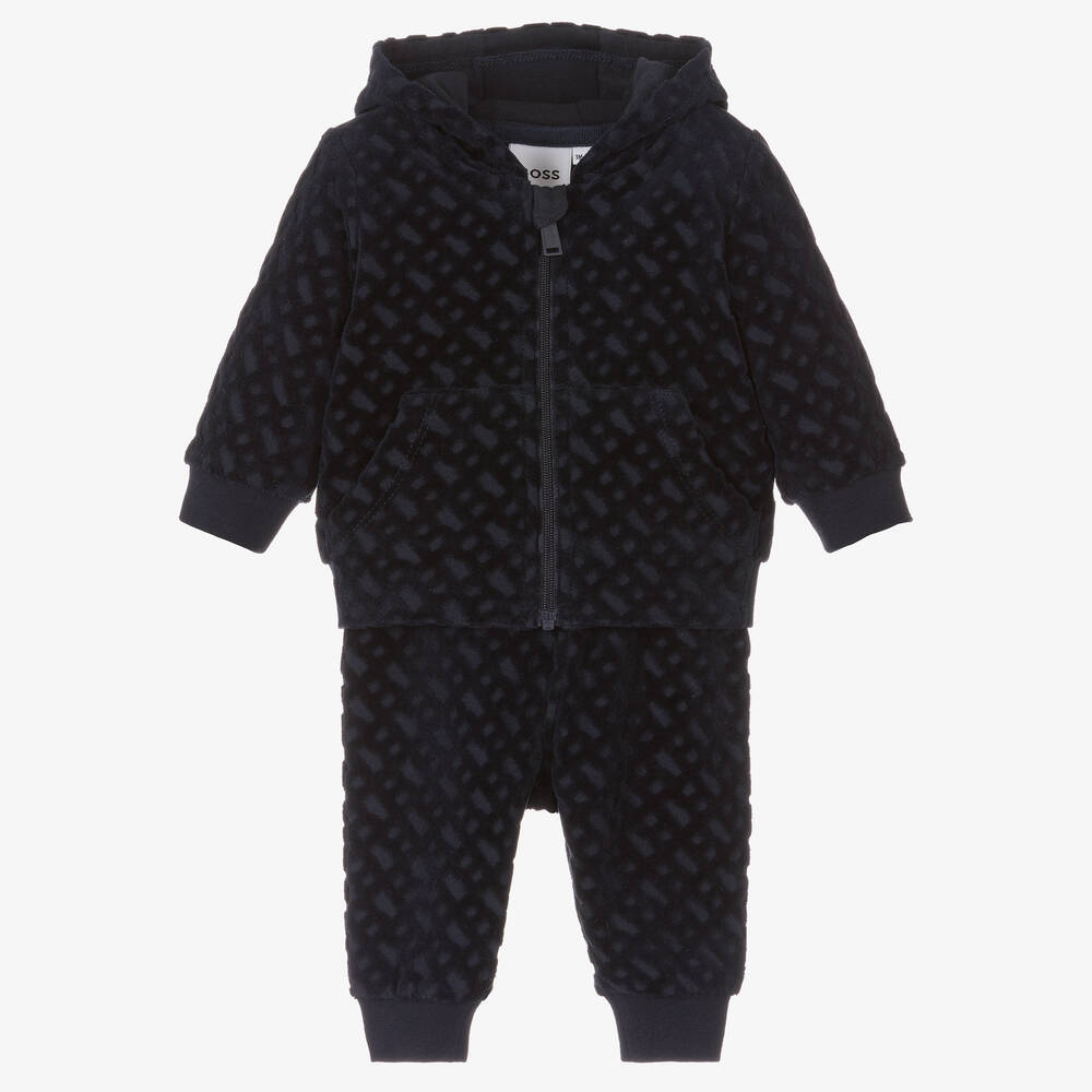 BOSS - Boys Navy Blue Monogram Velvet Tracksuit | Childrensalon