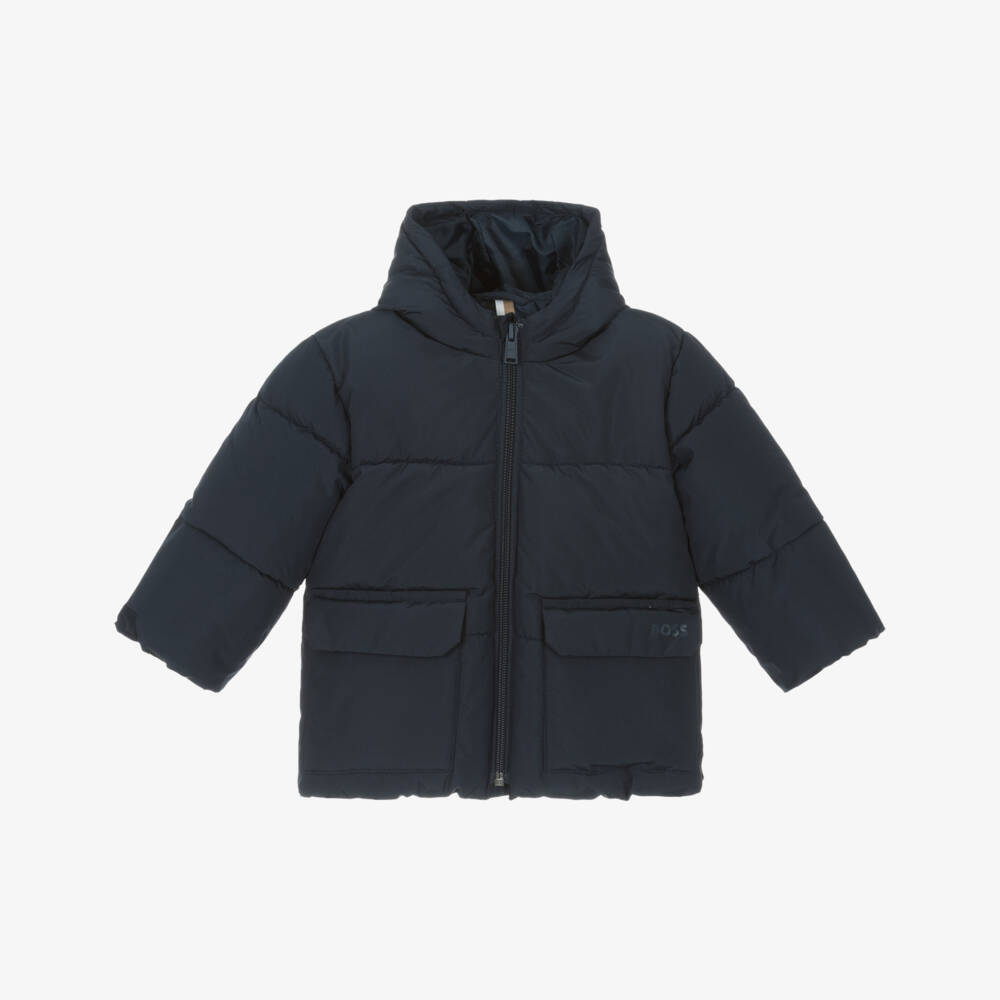 BOSS-Boys Navy Blue Puffer Jacket with Subtle Logo | Childrensalon Outlet
