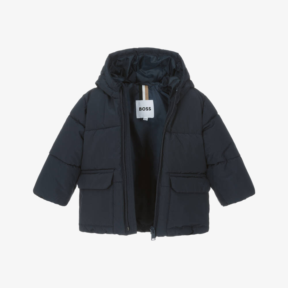 BOSS-Boys Navy Blue Puffer Jacket with Subtle Logo | Childrensalon Outlet