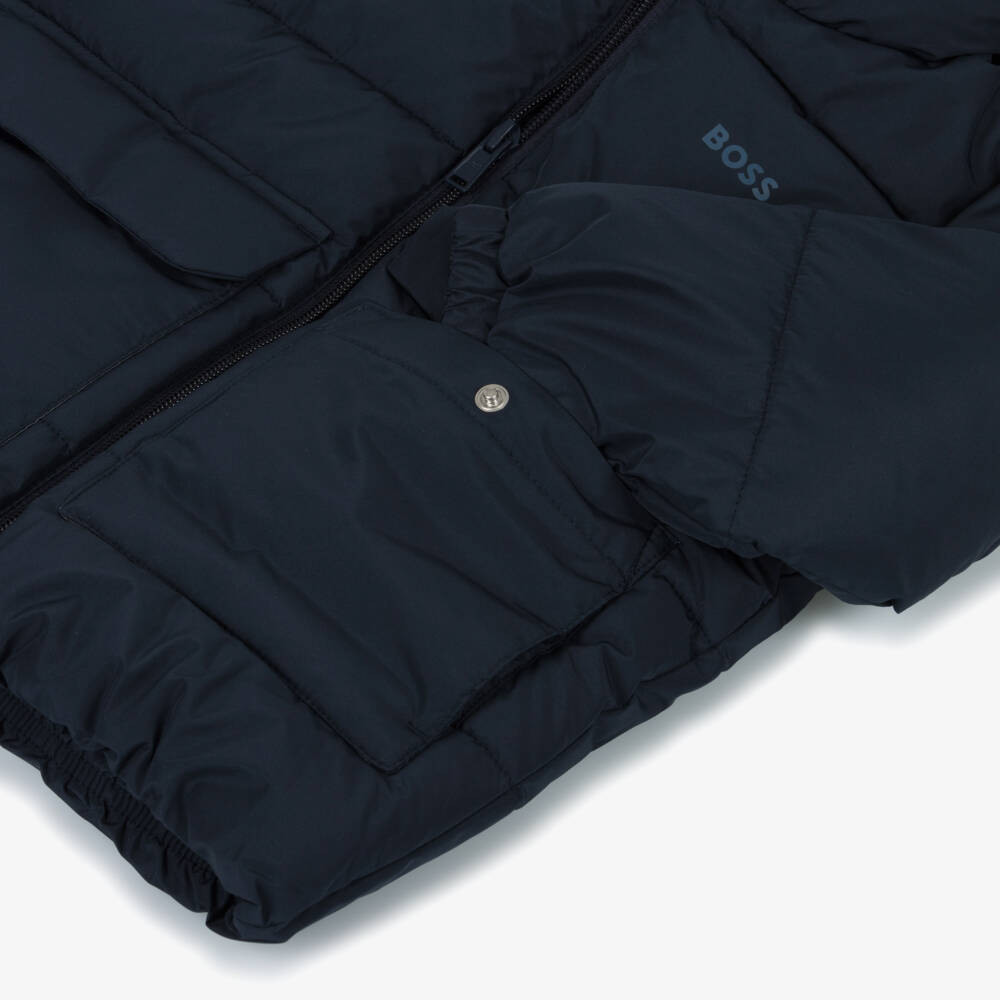 BOSS-Boys Navy Blue Puffer Jacket with Tonal Logo | Childrensalon Outlet