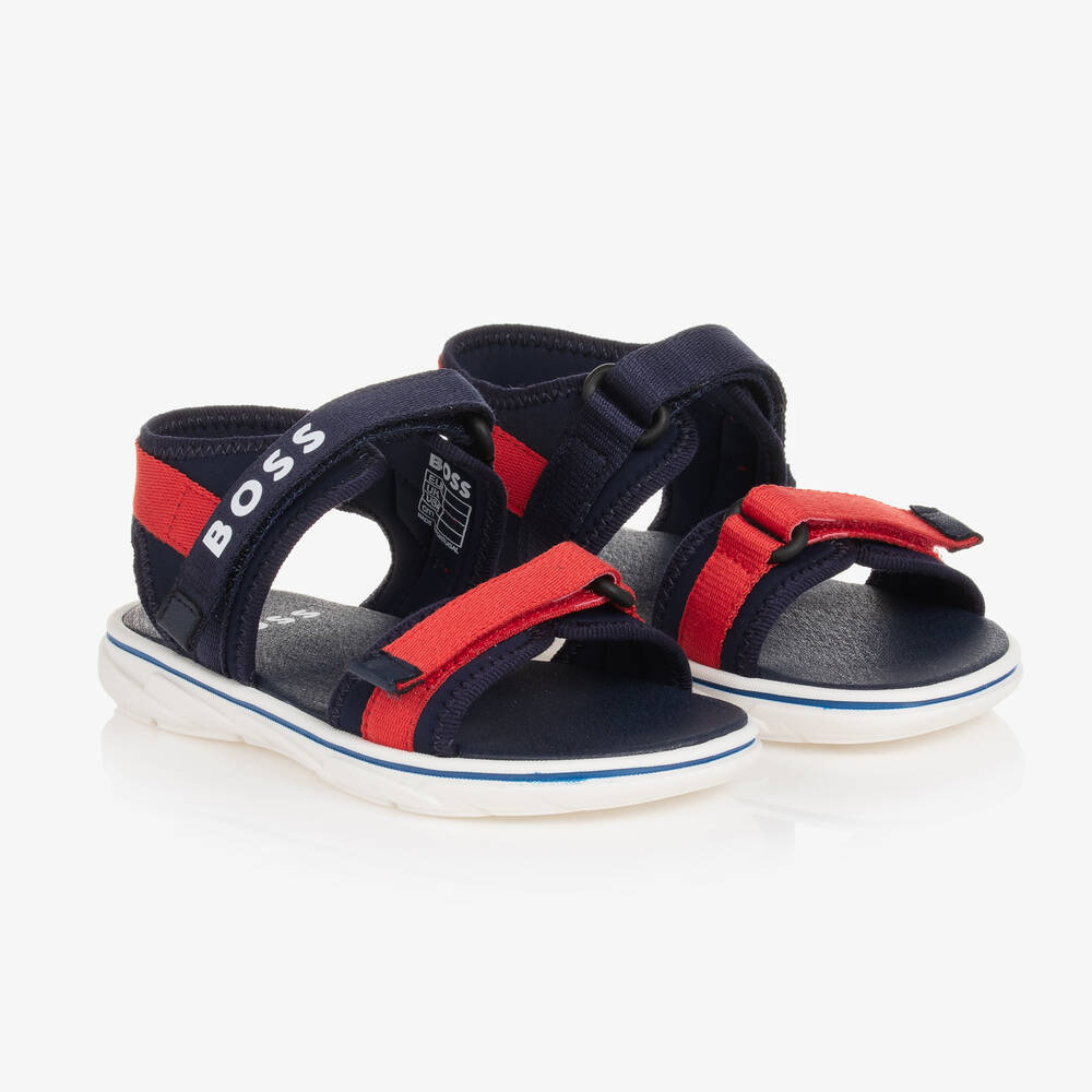 BOSS - Boys Navy Blue & Red Logo Sandals | Childrensalon