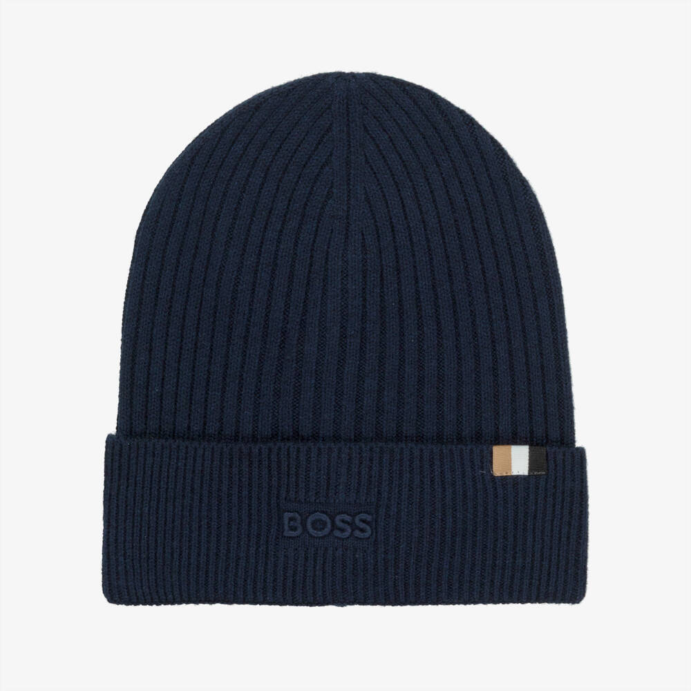 BOSS-Boys Navy Blue Ribbed Knit Beanie Hat | Childrensalon Outlet