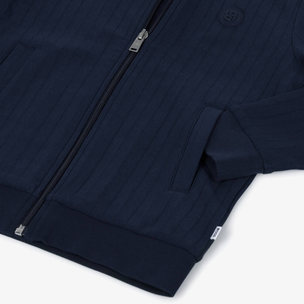 BOSS-Boys Navy Blue Ribbed Zip-Up Top | Childrensalon Outlet