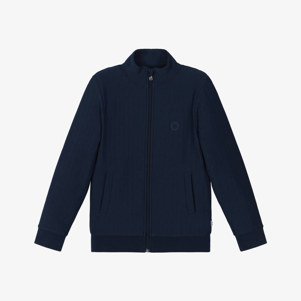 BOSS-Boys Navy Blue Ribbed Zip-Up Top | Childrensalon Outlet