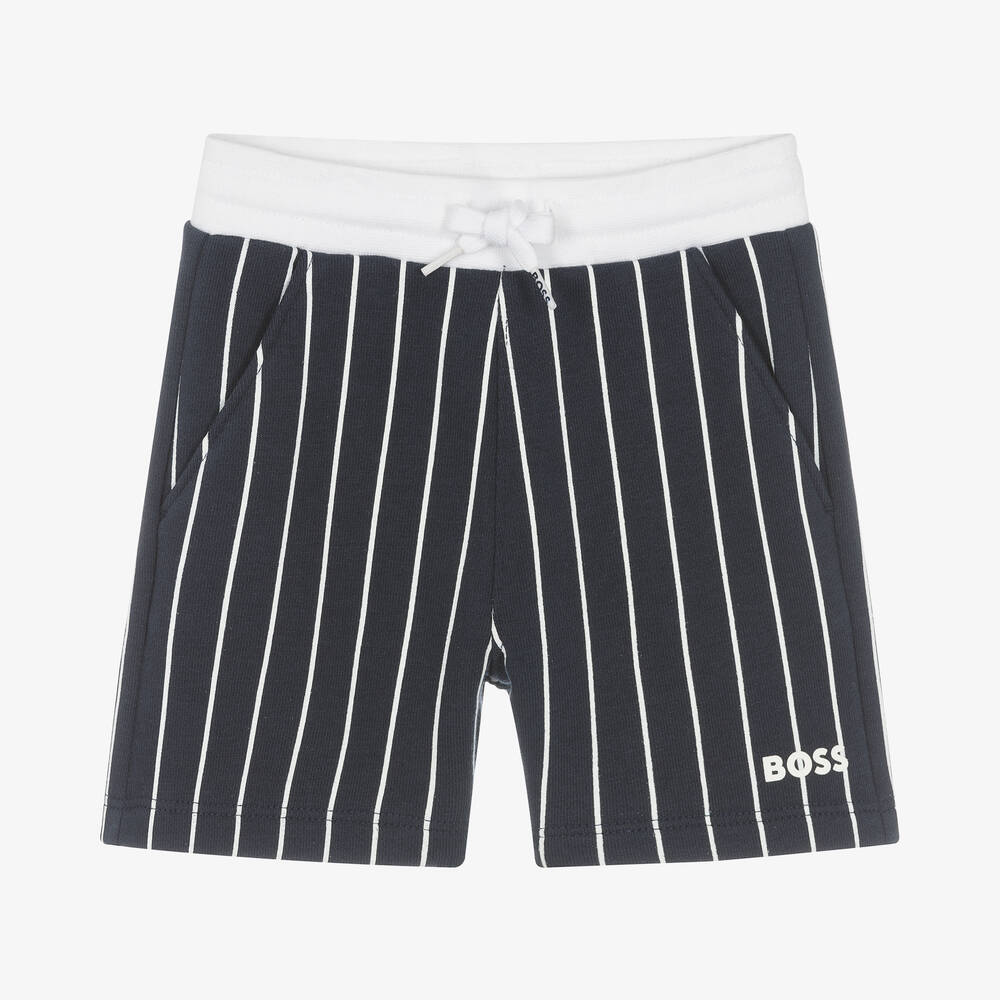 BOSS-Boys Navy Blue Striped Cotton Shorts | Childrensalon Outlet