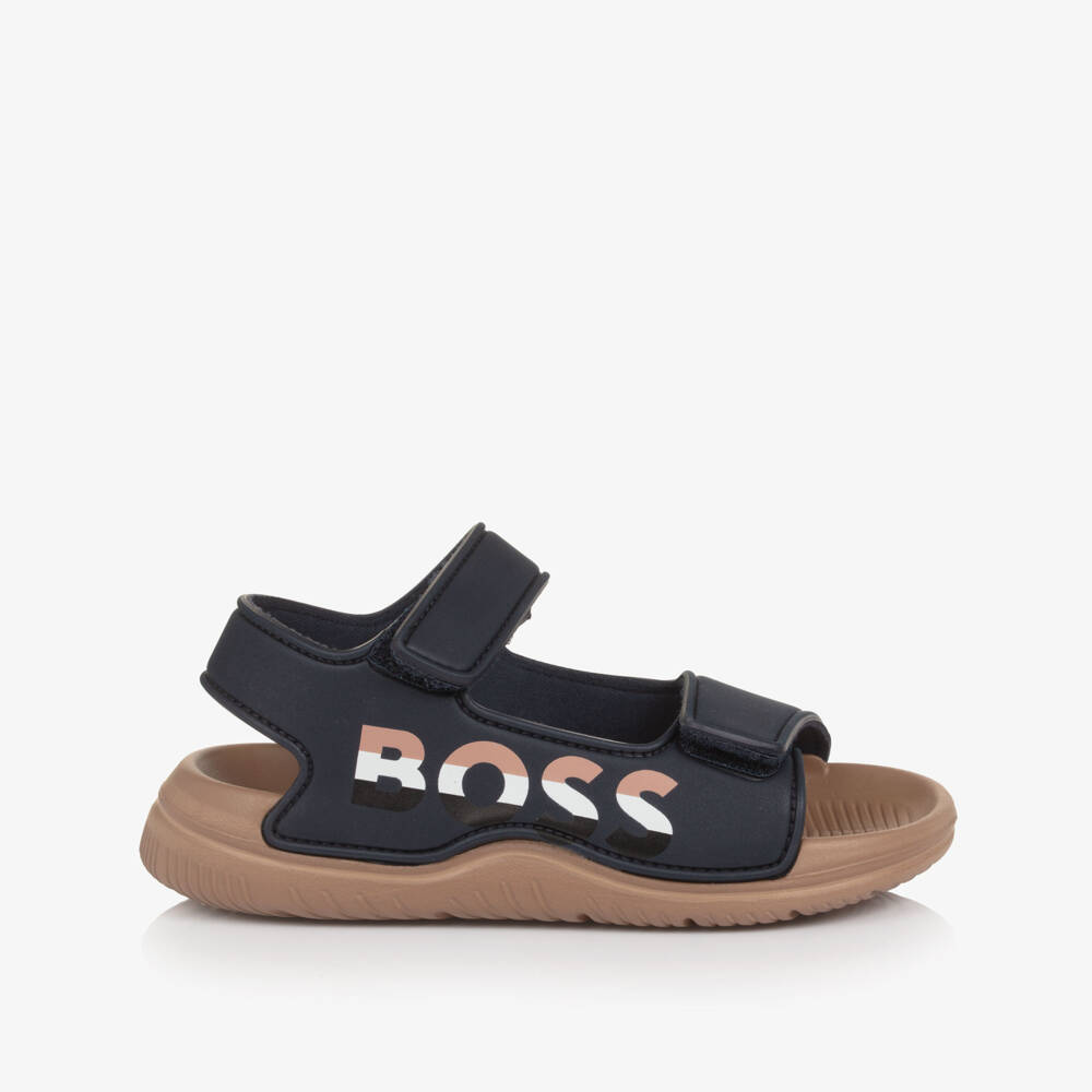 BOSS-Boys Navy Blue Velcro Sandals with Logo | Childrensalon Outlet